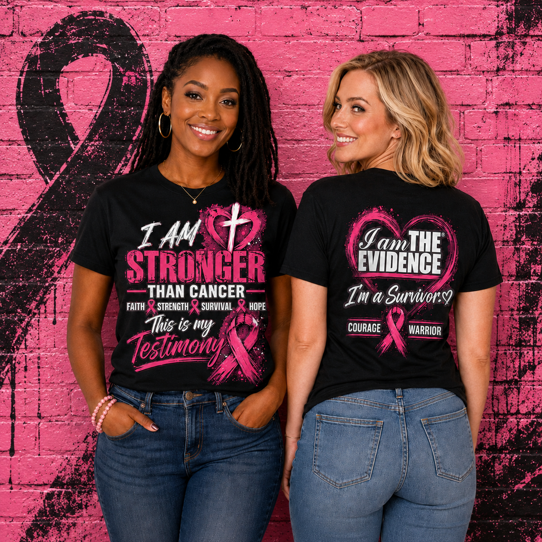 Black Stronger Than Cancer T-shirt shown from the front and back against a pink ribbon background
