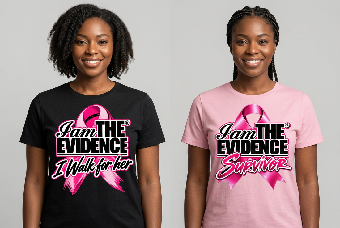 Models wearing the I Walk for Her black tee and Survivor pink tee