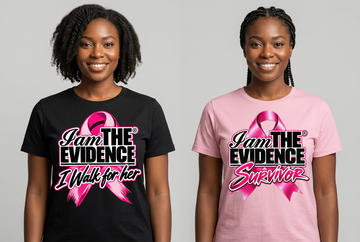 Models wearing the I Walk for Her black tee and Survivor pink tee